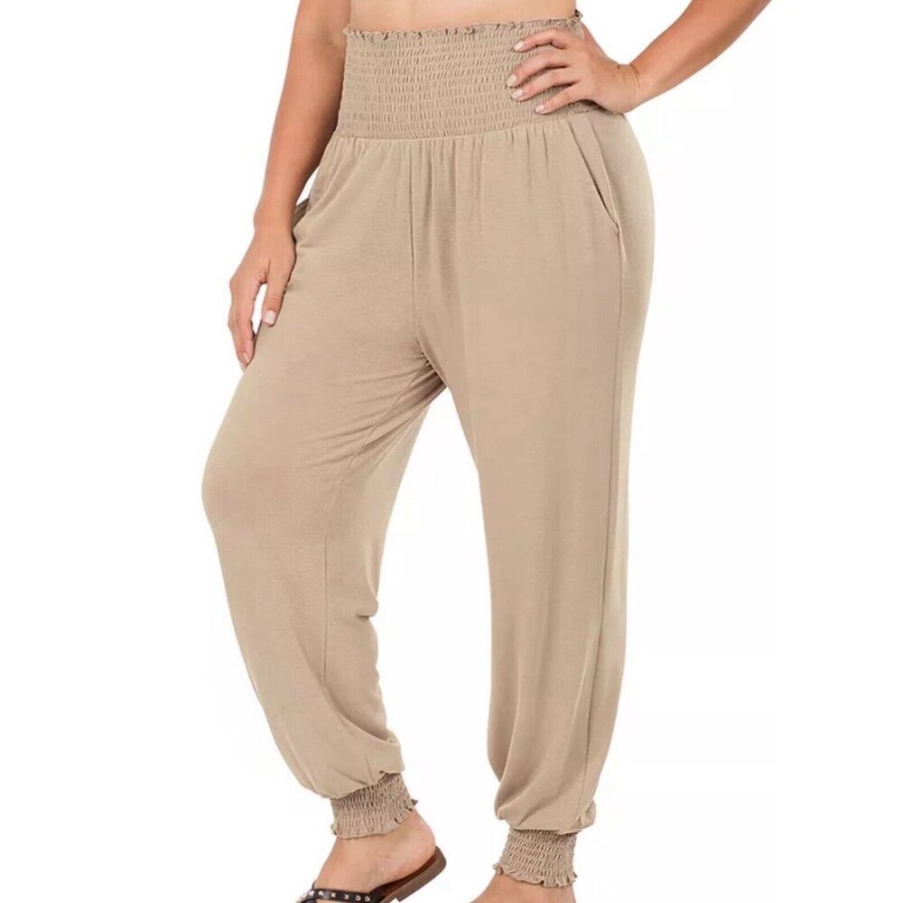 Zenana High-Waisted Smocked Waistband Joggers Buttery Soft Stretch 2X Beige